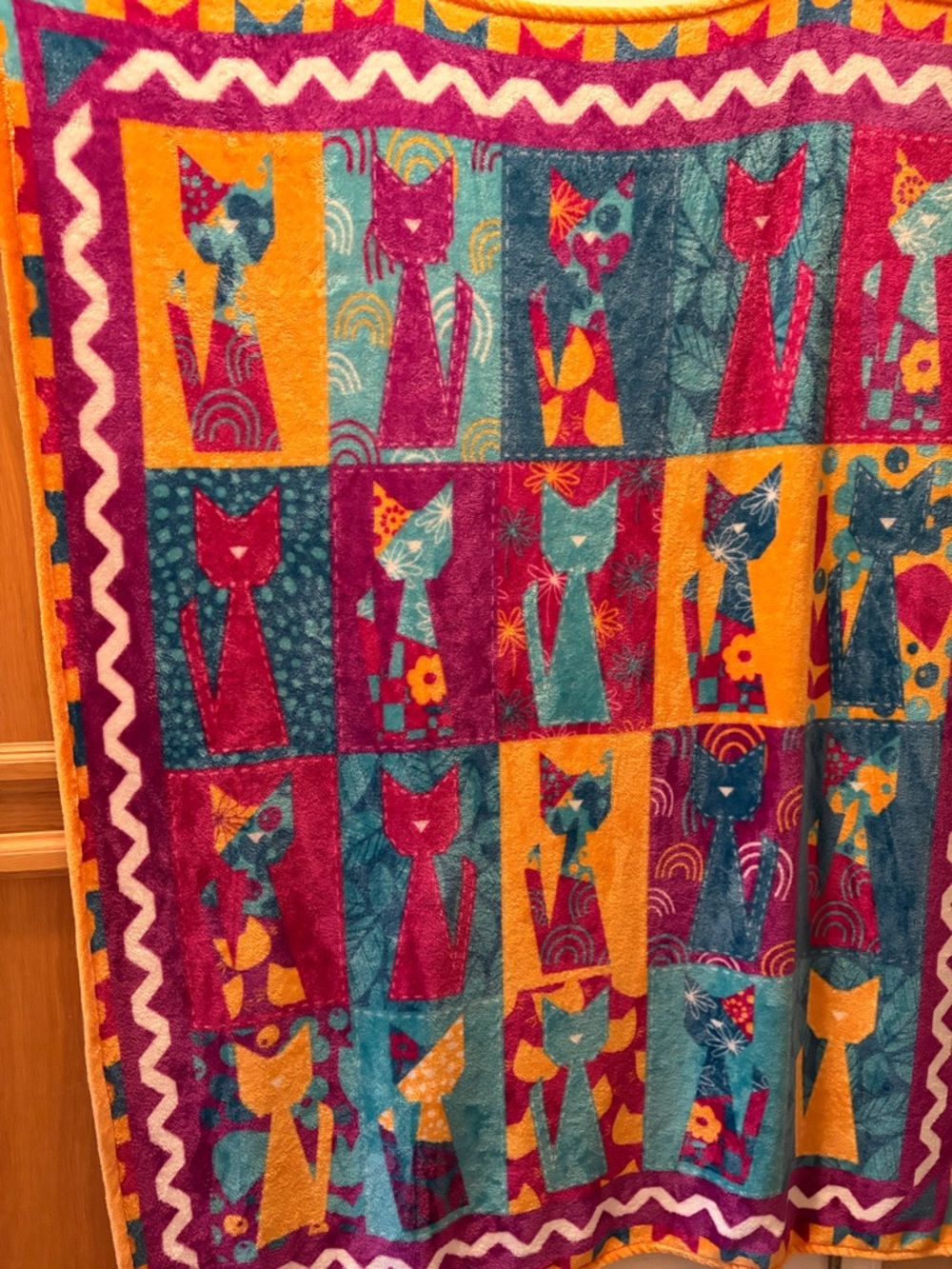 Colorful Cat Patchwork Throw Blanket - Teal, Magenta & Mustard